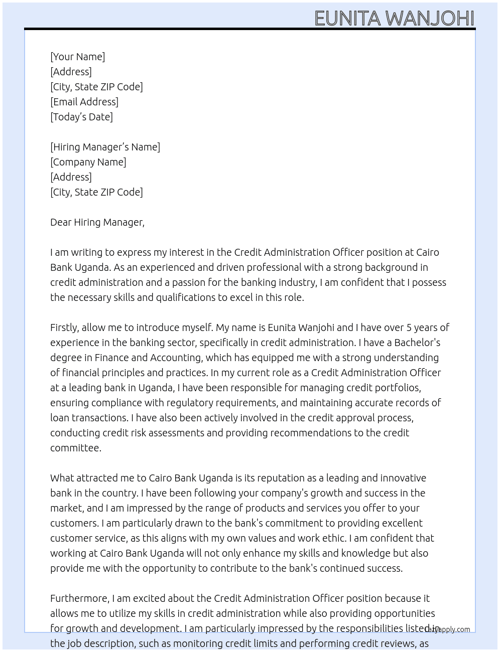 Credit Administration Officer At Cairo Bank Uganda  Cover Letter
