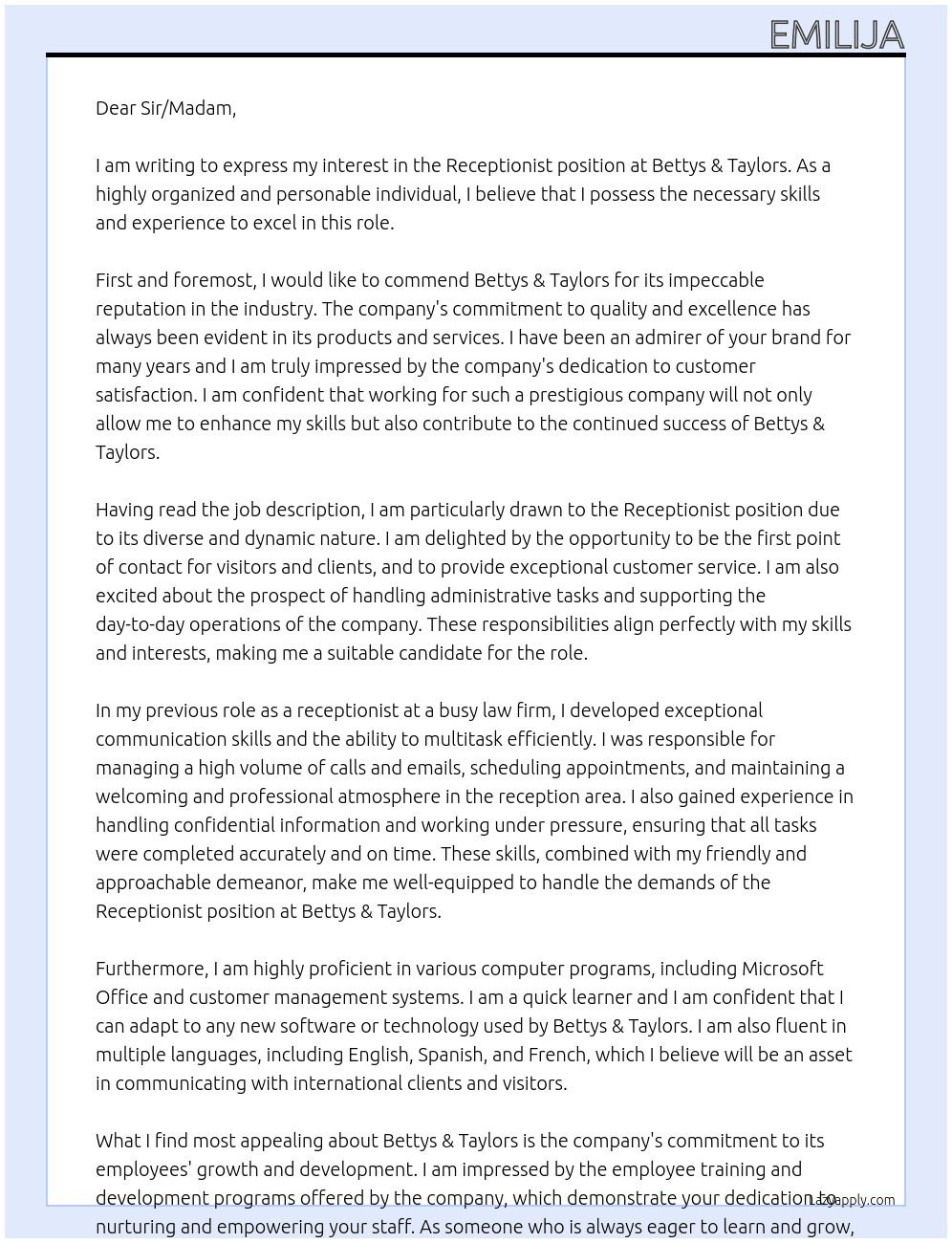 Receptionist At Bettys & Taylors Cover Letter