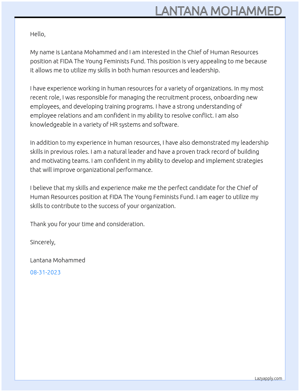 Chief of Human Resources  At FIDA The Young Feminists Fund  Cover Letter