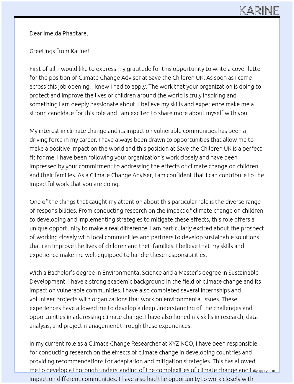 Climate Change Adviser At Save the Children UK Cover Letter
