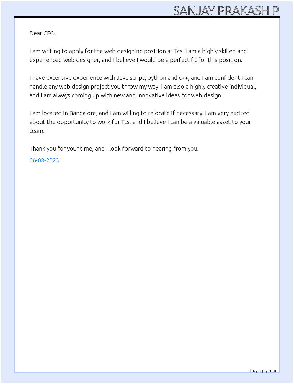 Web designing  At Tcs Cover Letter