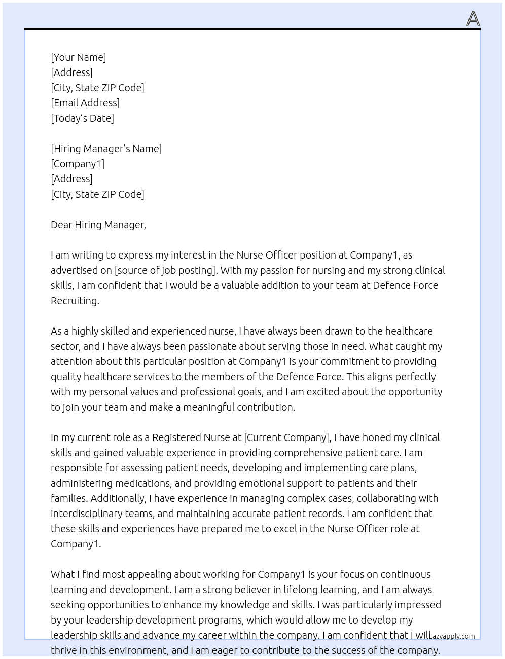 Nurse Officer - Defence Force Recruiting At Company1 Cover Letter