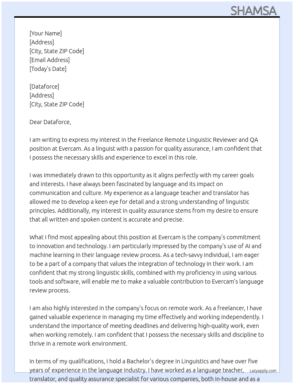 FREELANCE REMOTE LINGUISTIC REVIEWER AND QA At evercam Cover Letter
