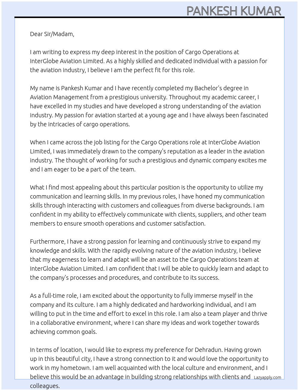 Cargo operations  At Inter globe aviation limited  Cover Letter