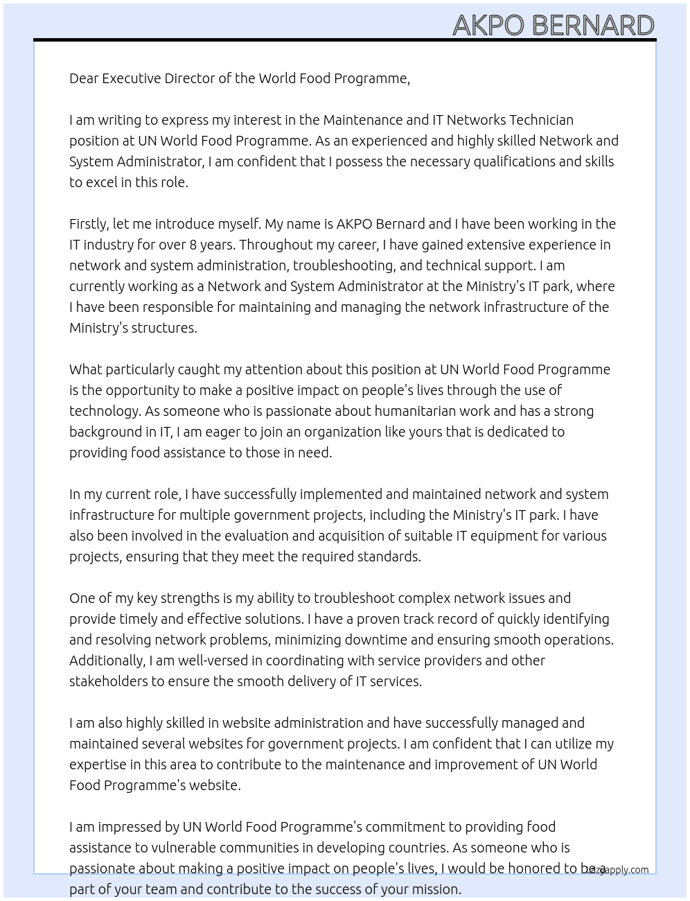 Maintenance and IT Networks Technician At UN World Food Programme  Cover Letter