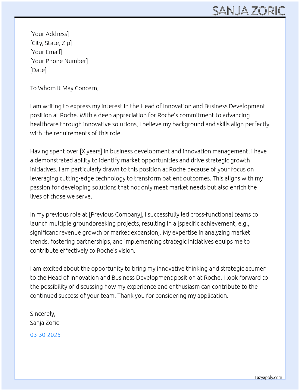 Cover letter for head of innovation and business development - LazyApply