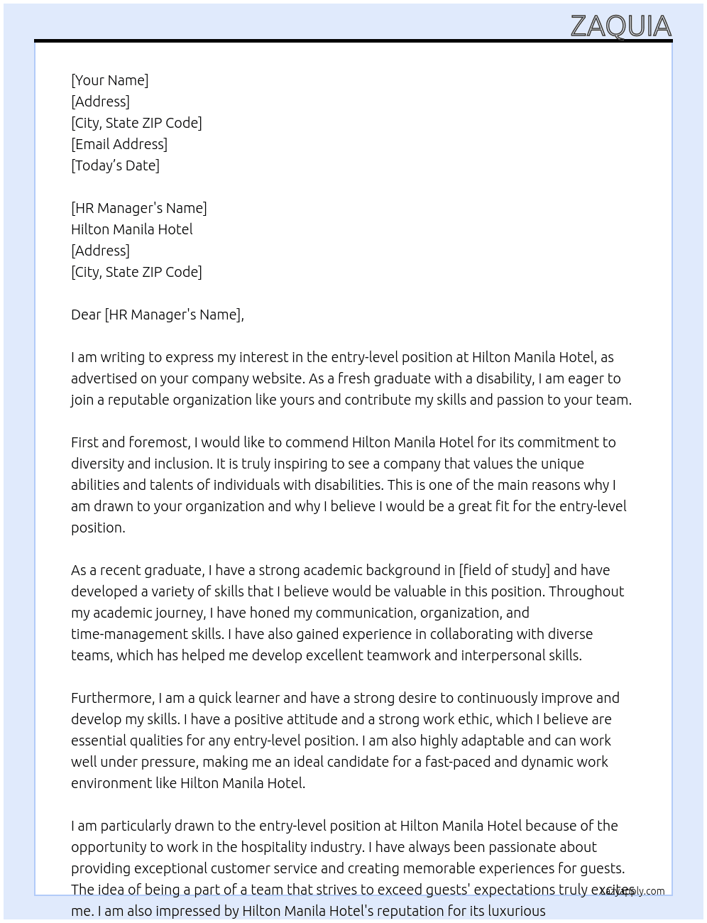 Entry level position a fresh graduate with disability  At Hilton manila hotel Cover Letter