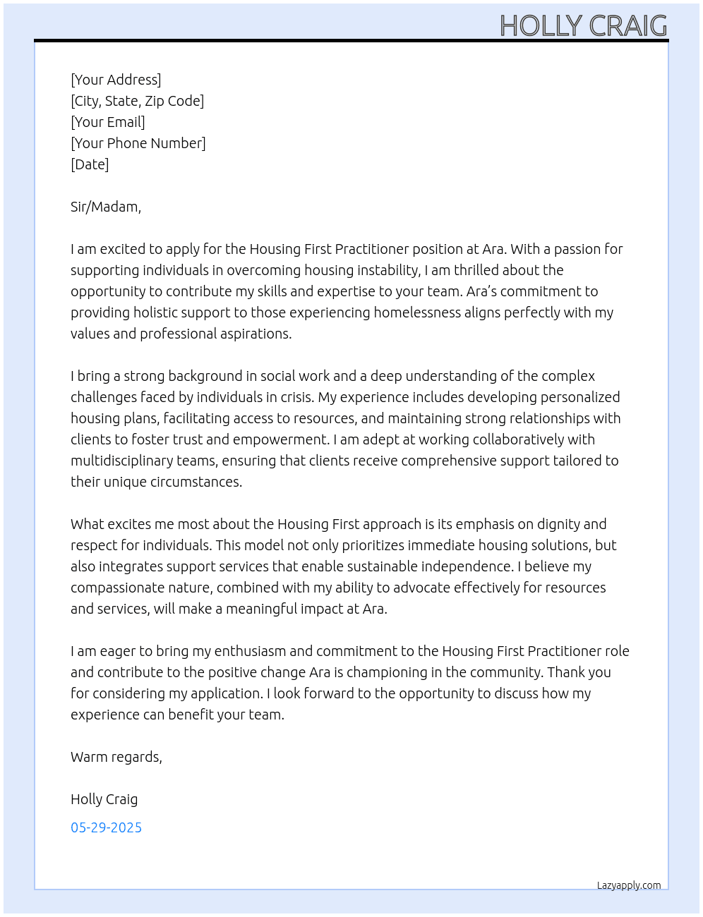 Housing First Practitioner At Ara  Cover Letter