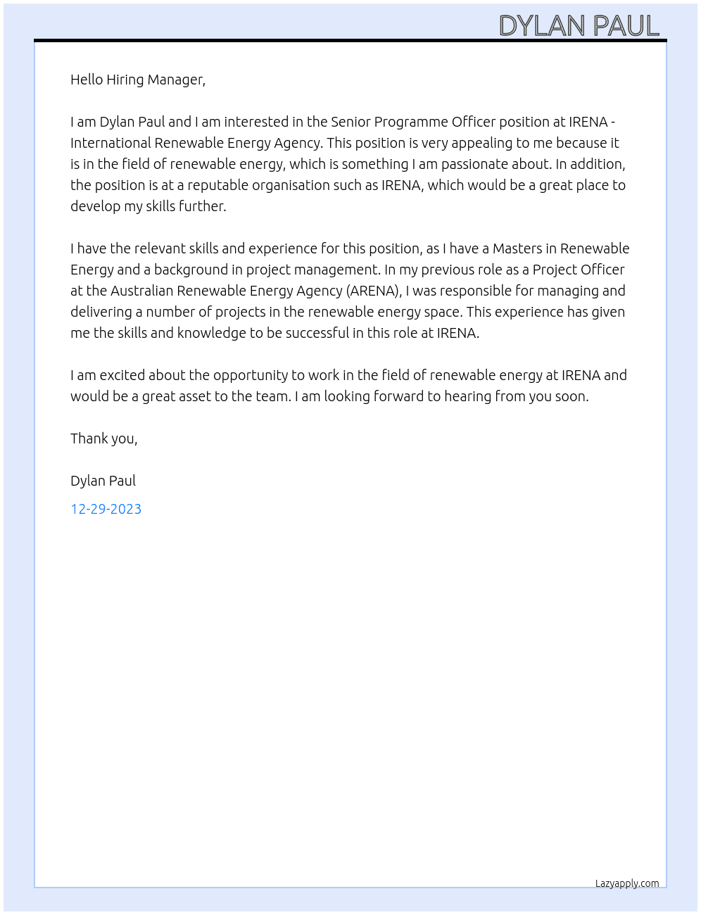 Senior Programme Officer At IRENA - International Renewable Energy Agency Cover Letter