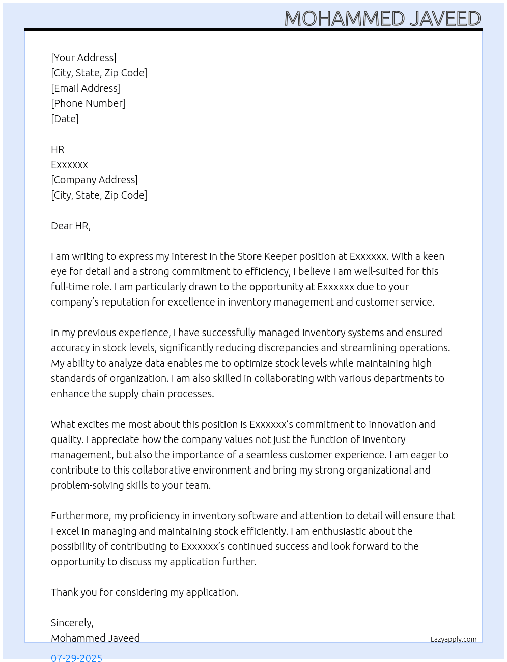 Store keeper  At Exxxxxx Cover Letter