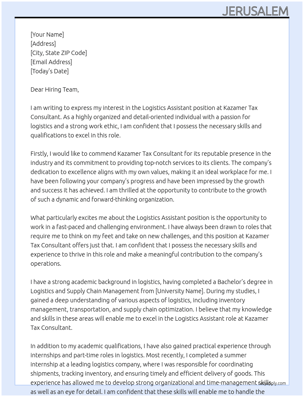  Logistics Assistant  At Kazamer Tax Consultant Cover Letter