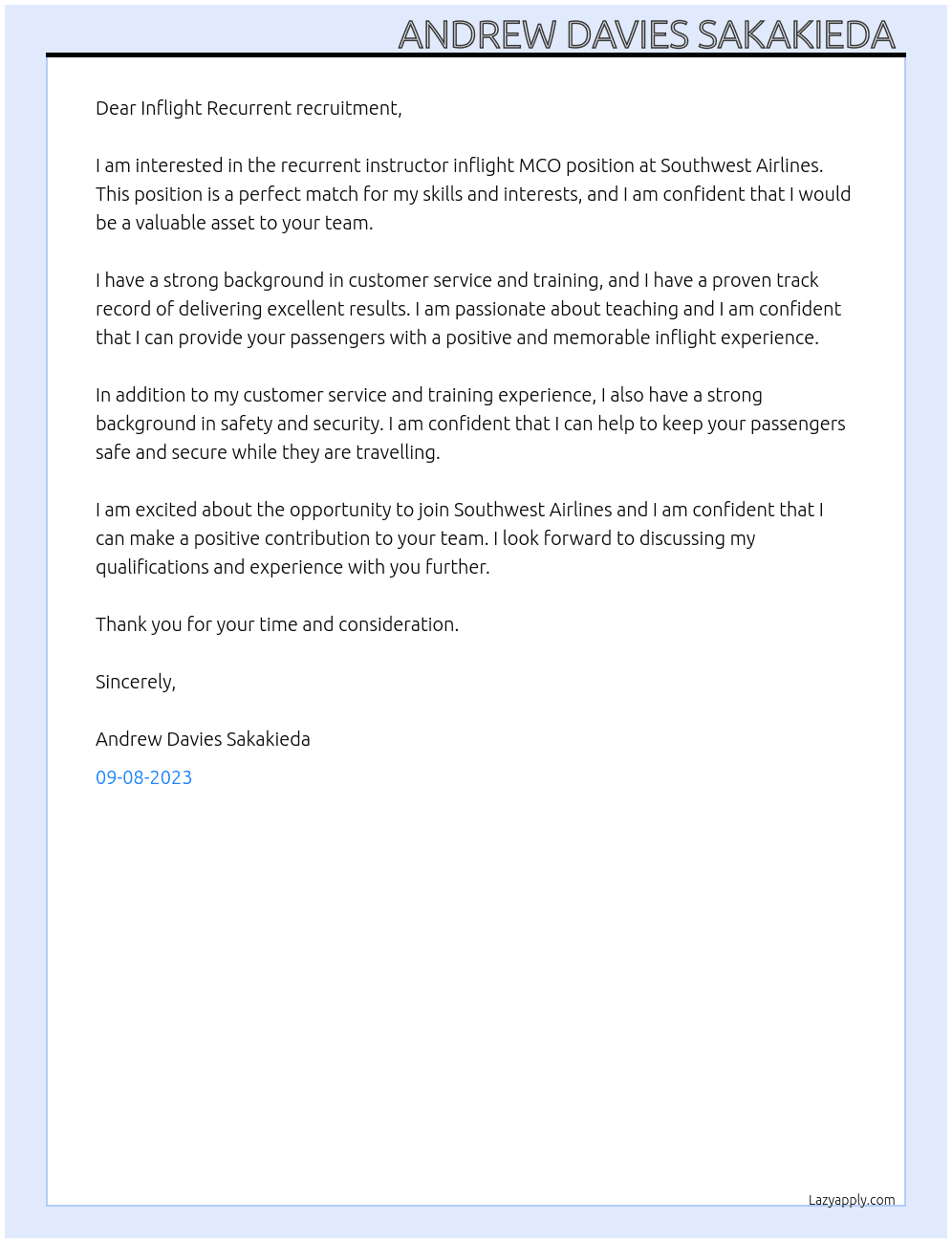 Recurrent instructor inflight MCO At Southwest Airlines  Cover Letter
