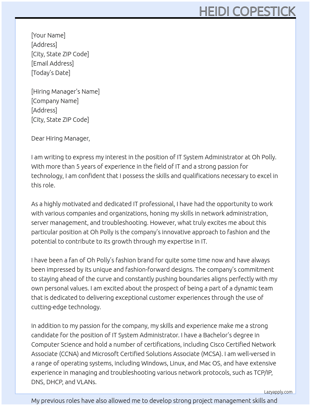 IT System Administrator At Oh Polly Cover Letter