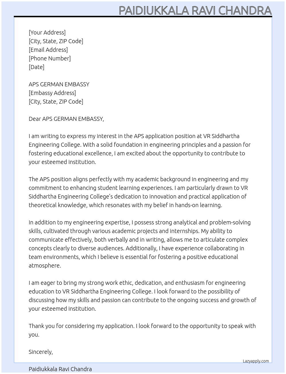 APS APPLICATION At VR SIDDARTHA ENGINEERING COLLEGE Cover Letter