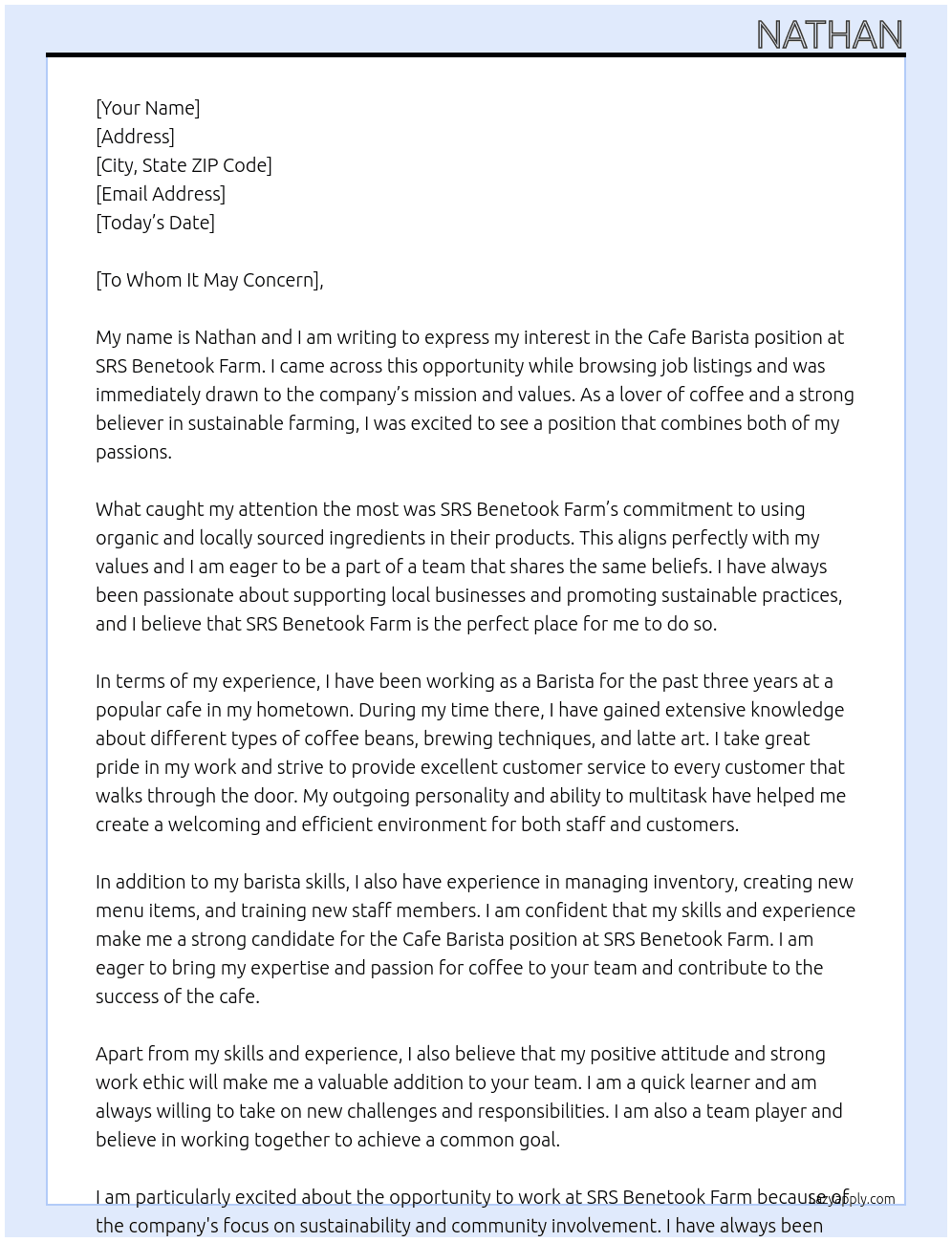Cafe Barista At SRS Benetook Farm Cover Letter