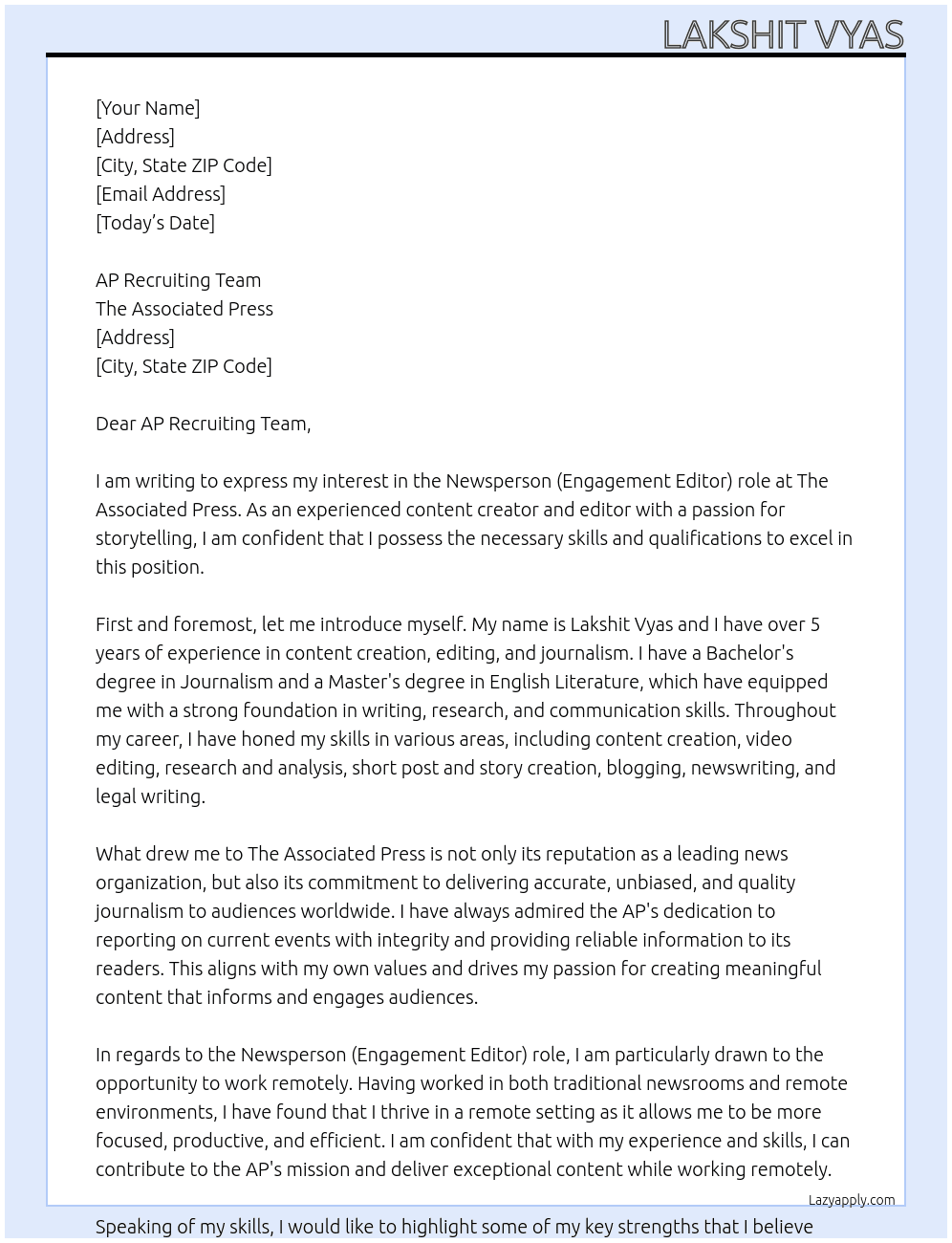 Newsperson (Engagement Editor)  At The Associated Press Cover Letter