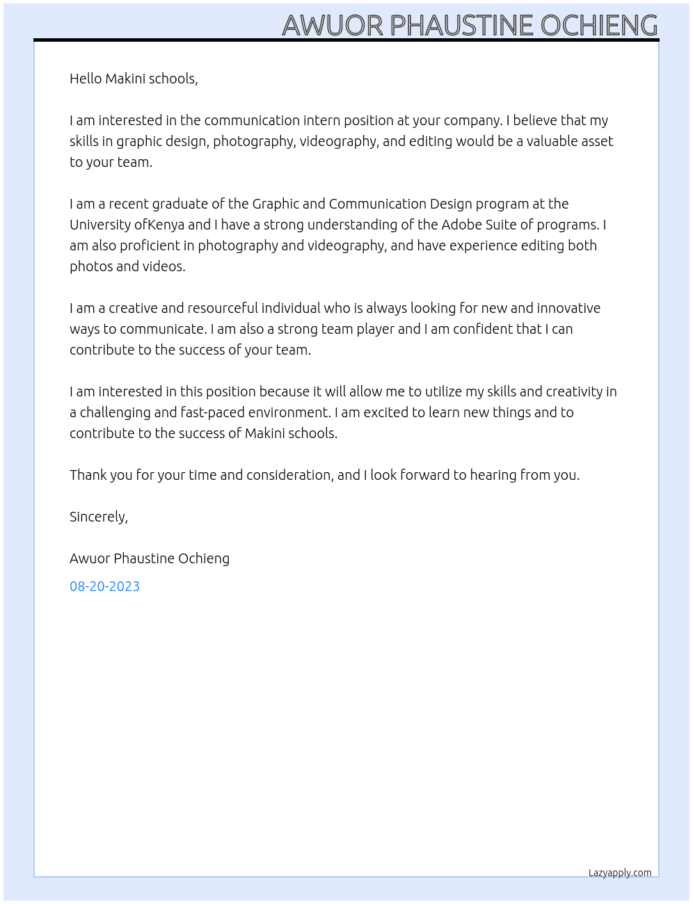 communication intern At Makini schools Cover Letter