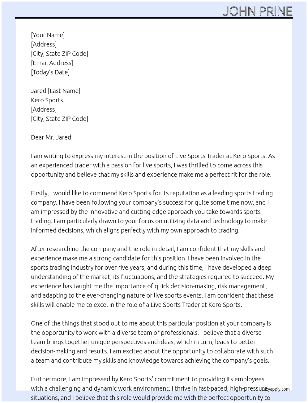 Live Sports Trader At Kero Sports Cover Letter