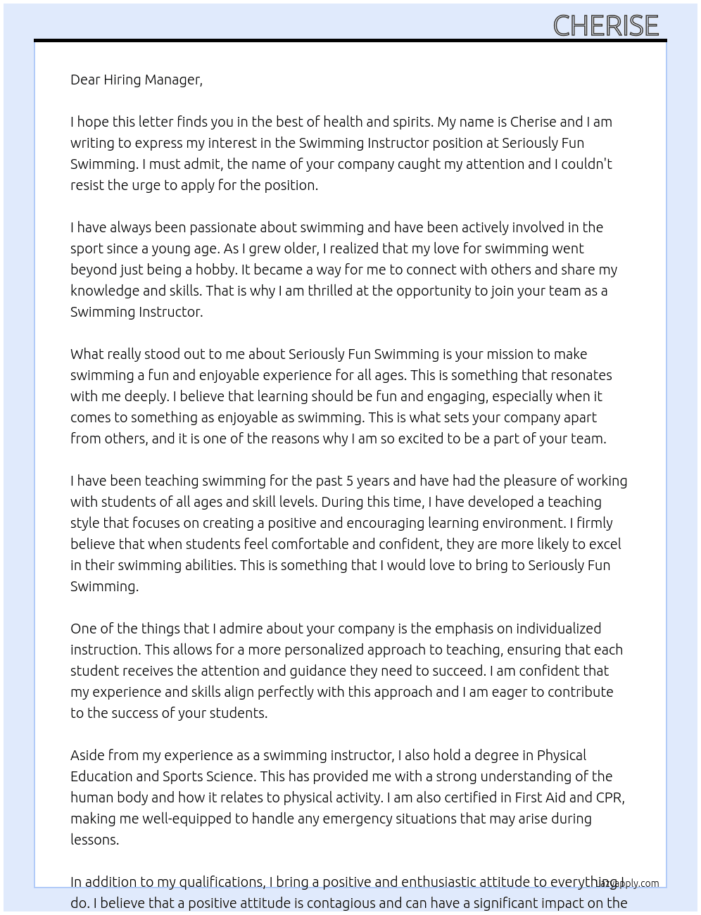 Swimming instructor  At Seriously fun swimming  Cover Letter