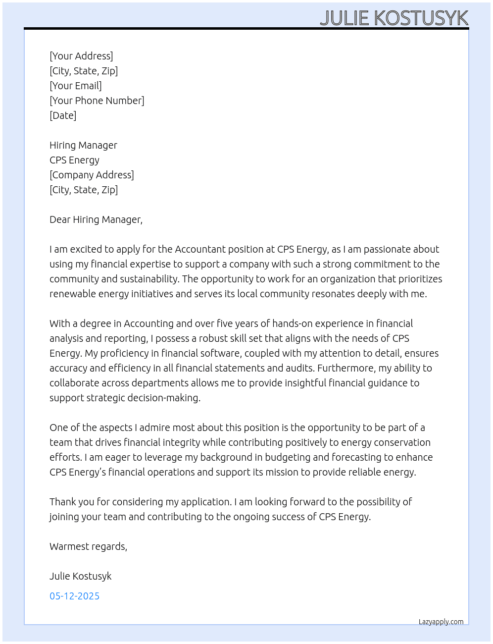 Accountant At CPS Energy Cover Letter