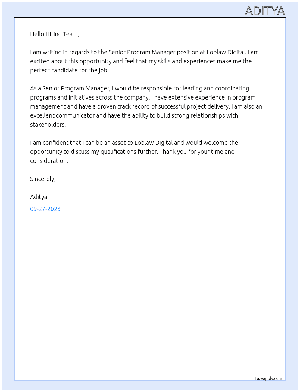 senior program manager At loblaw digital Cover Letter