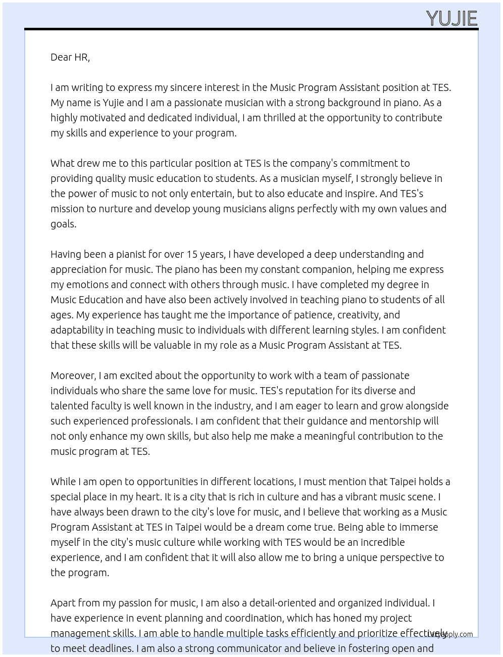 Music Program Assistant At TES Cover Letter