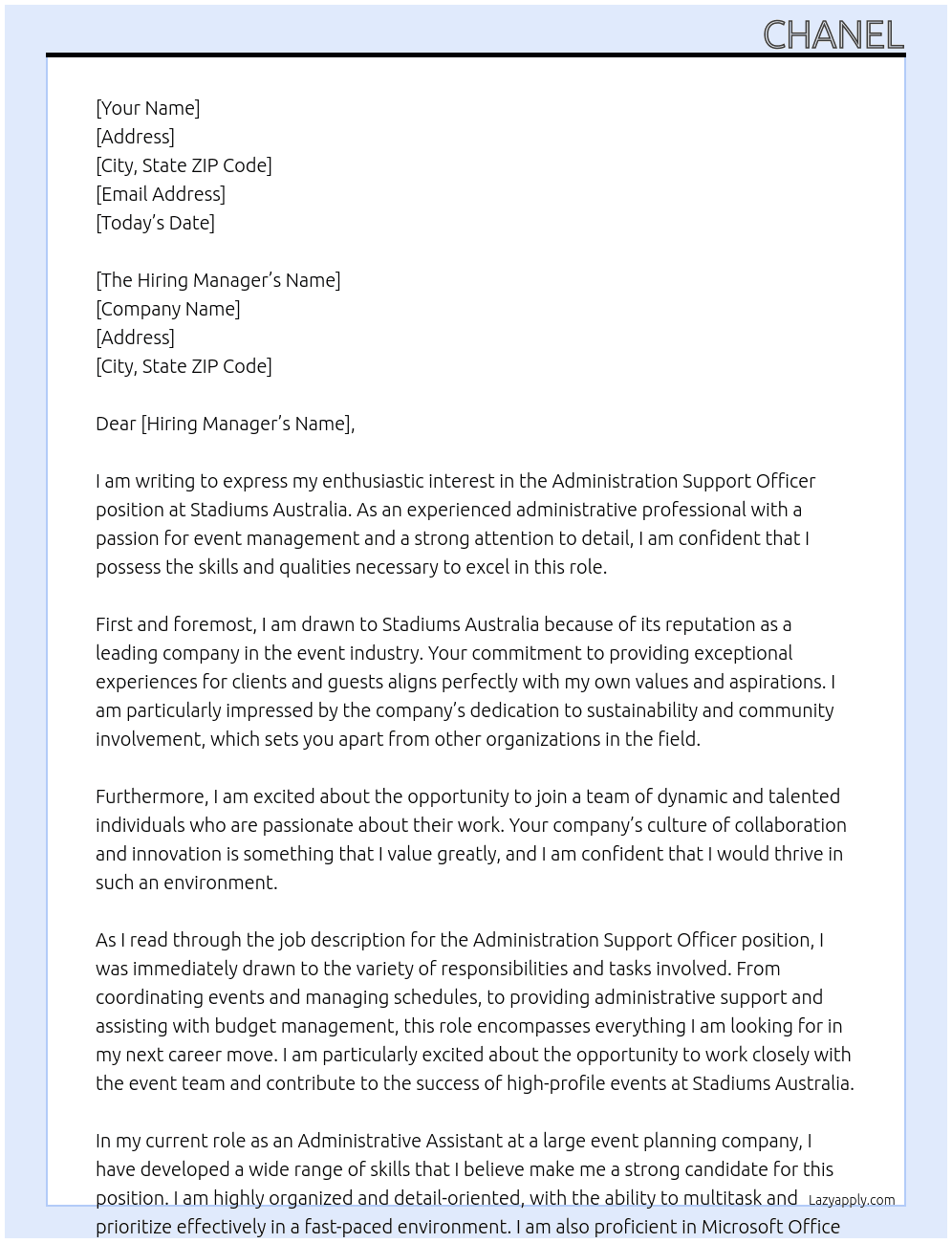 Administration Support Officer At Stadiums Australia Cover Letter
