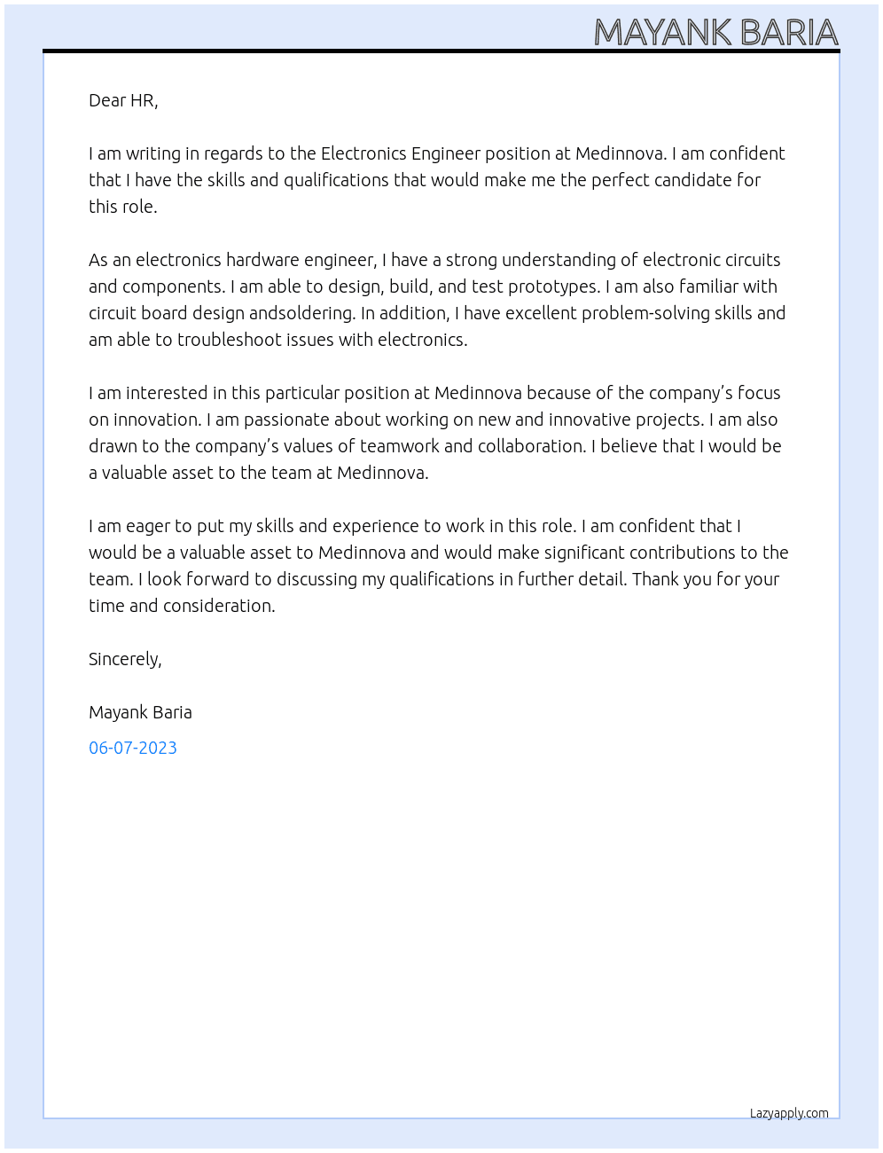 Electronics Engineer At Medinnova  Cover Letter