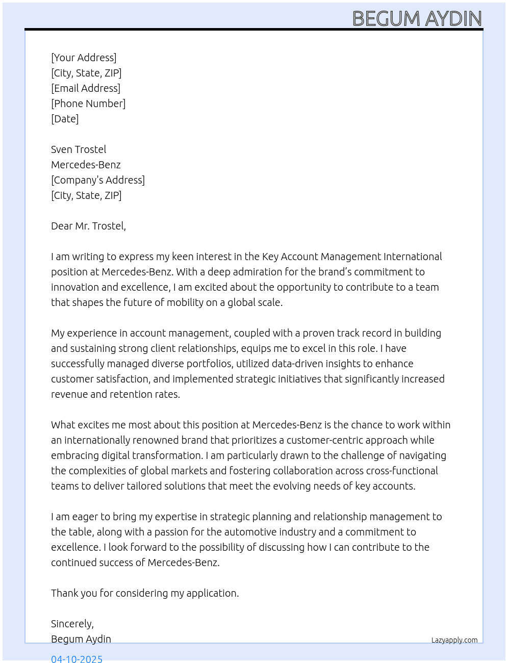 Key Account Management International At Mercedes-Benz Cover Letter