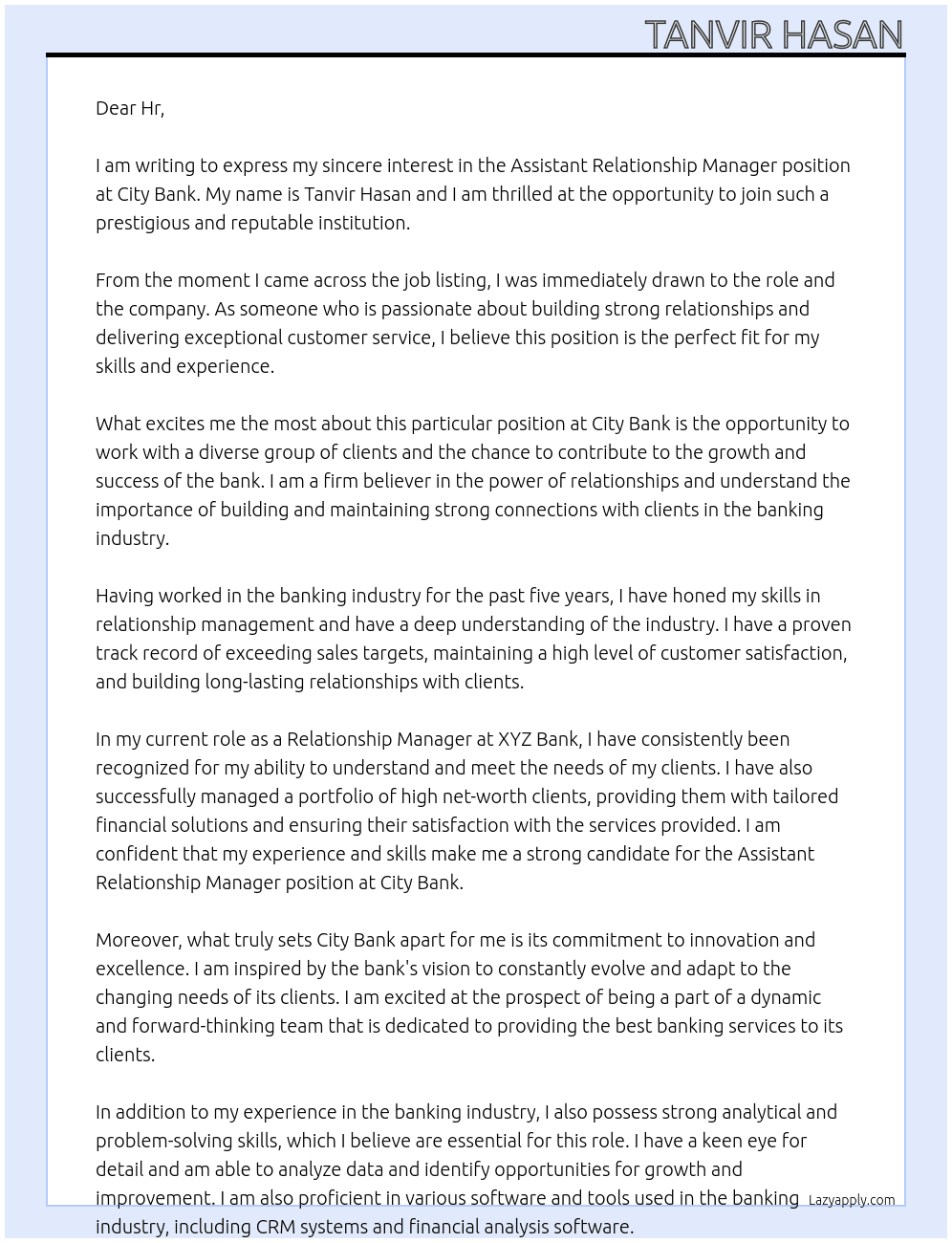 assistant relationship manager bank At City bank Cover Letter