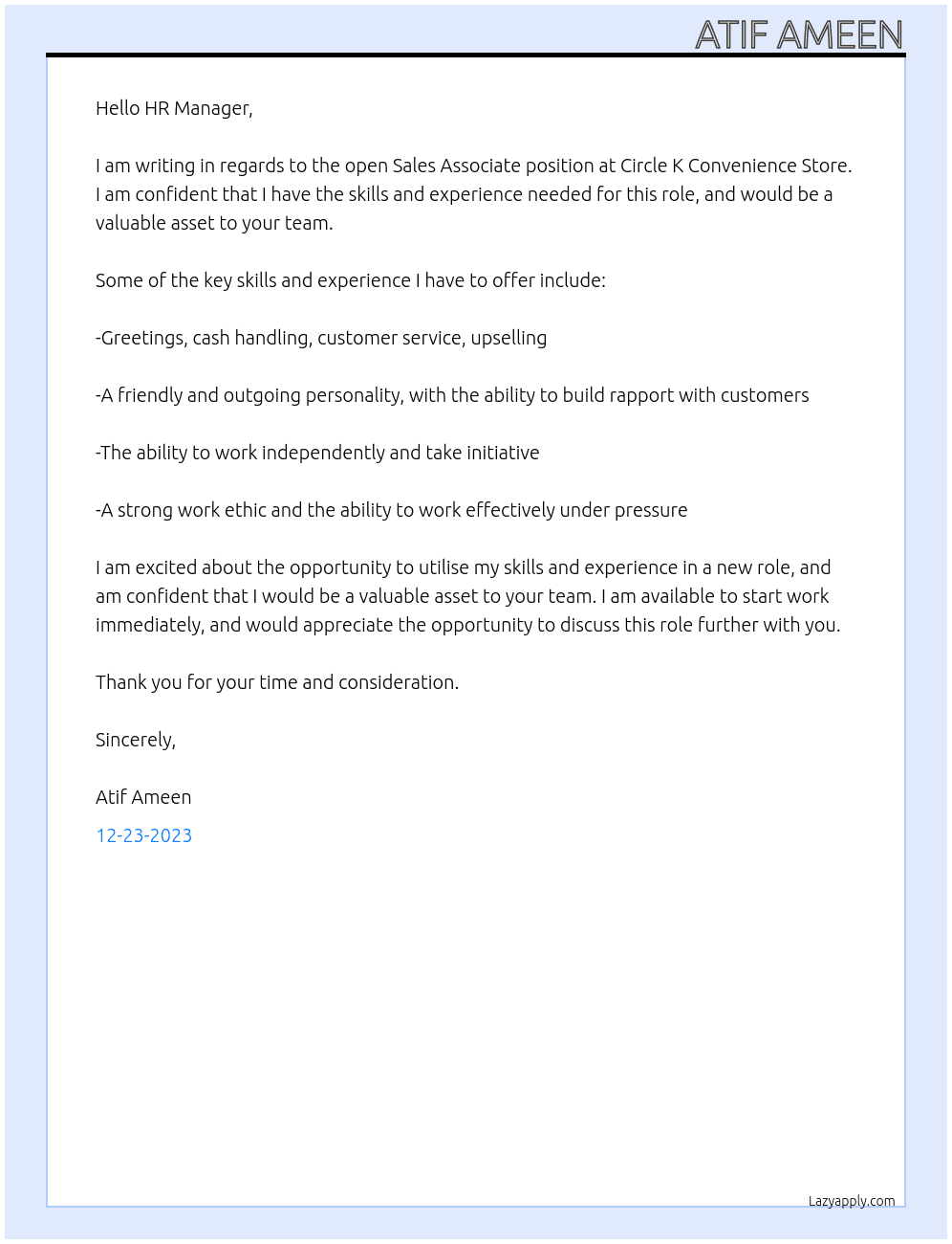 Sales associate - retail At Circle K Conveneince Store Cover Letter