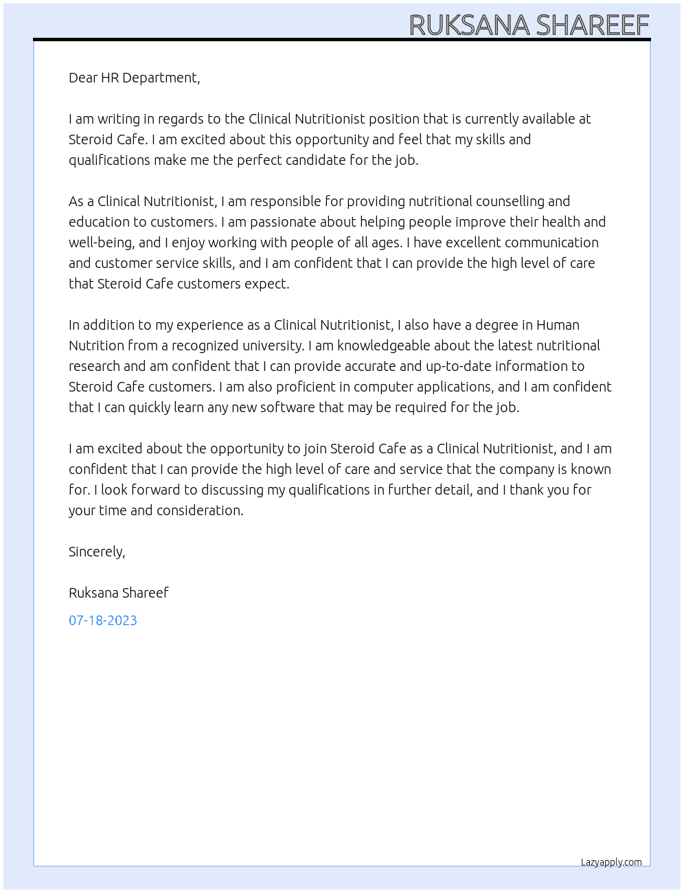 Clinical Nutritionist with customer service At Steroid Cafe Cover Letter