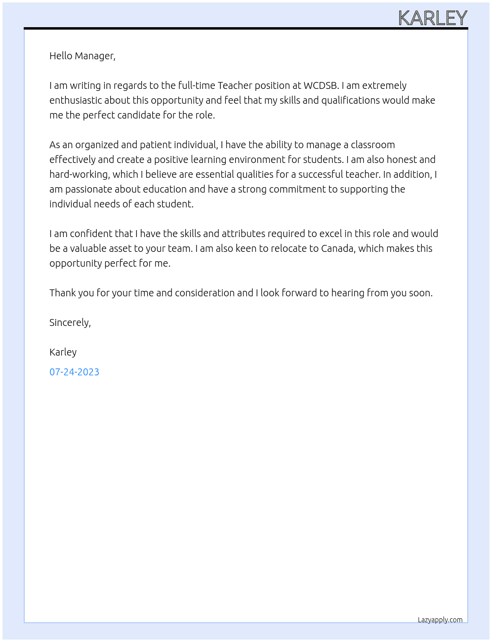 Teacher At WCDSB Cover Letter