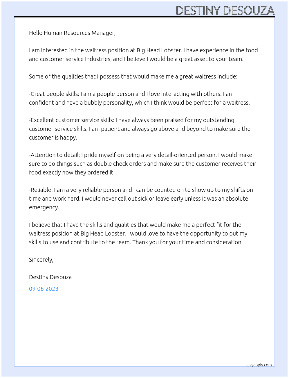 Waitress At Big Head Lobster  Cover Letter