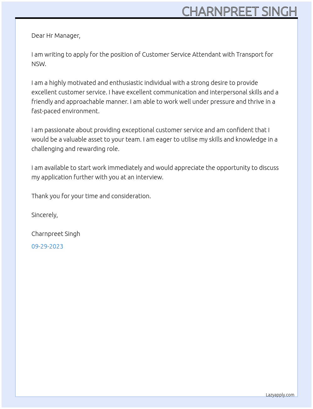Customer Service Attendant At Transport for NSW Cover Letter