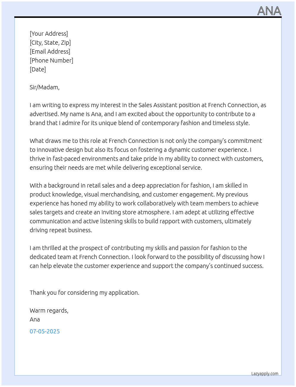 sales assistant  At French connection Cover Letter