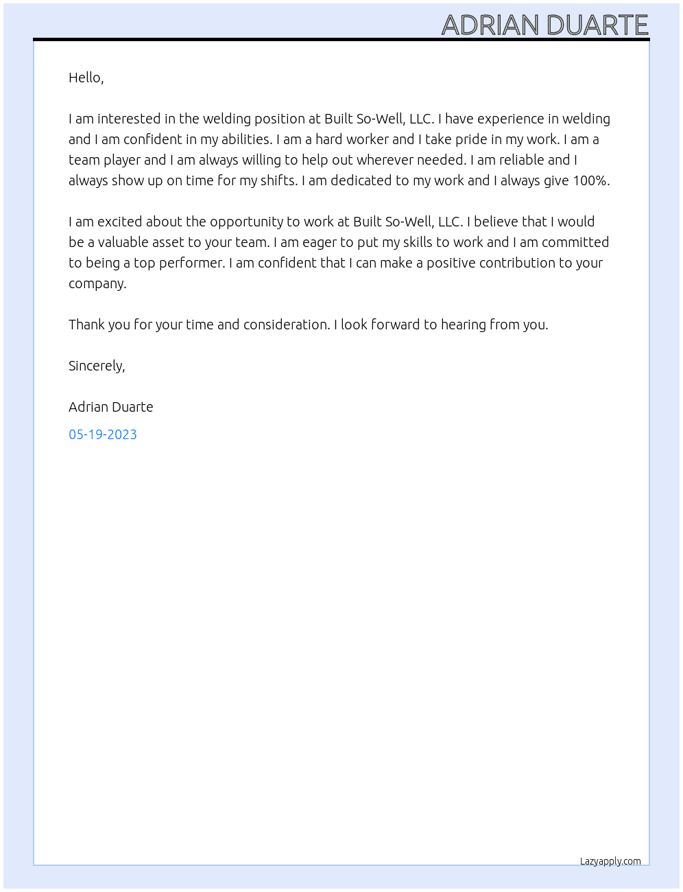 welding At Built So-Well, LLC Cover Letter