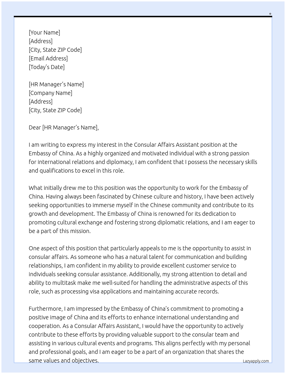Consular Affairs Assistant At Embassy of China Cover Letter