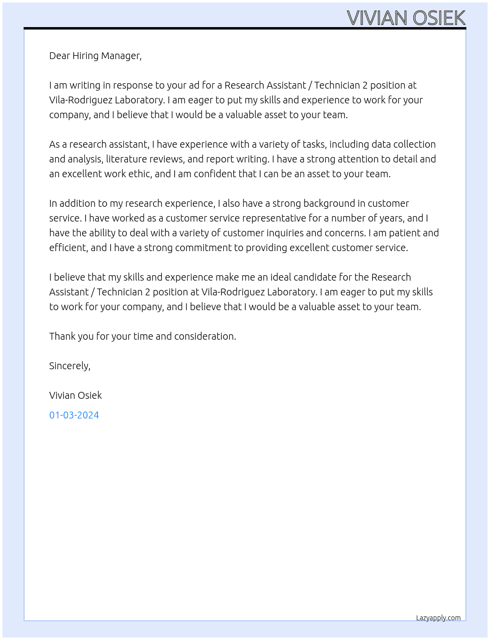 Research Assistant / Technician 2 At Vila-Rodriguez Laboratory Cover Letter