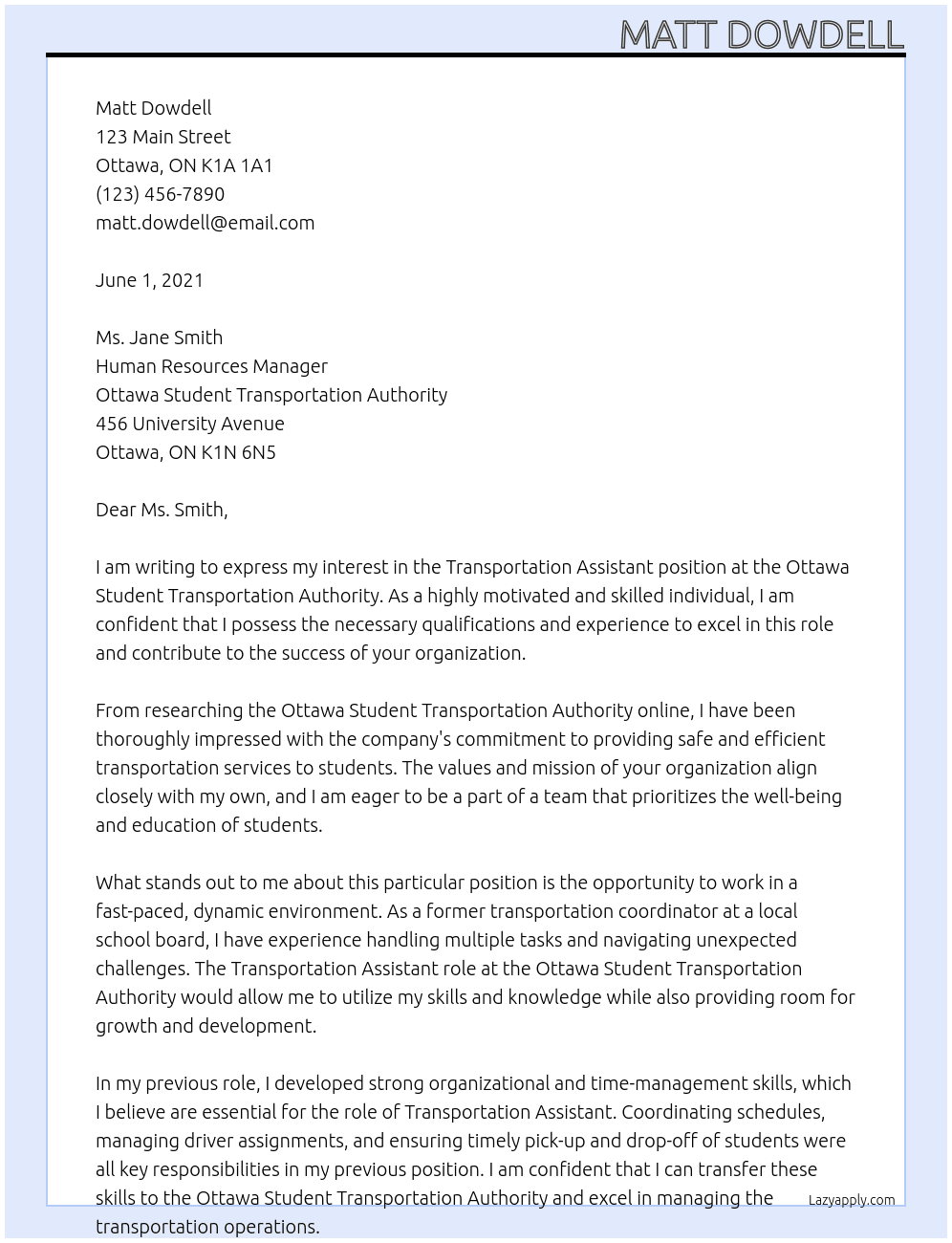 Transportation Assistant At Ottawa Student Transportation Authority Cover Letter