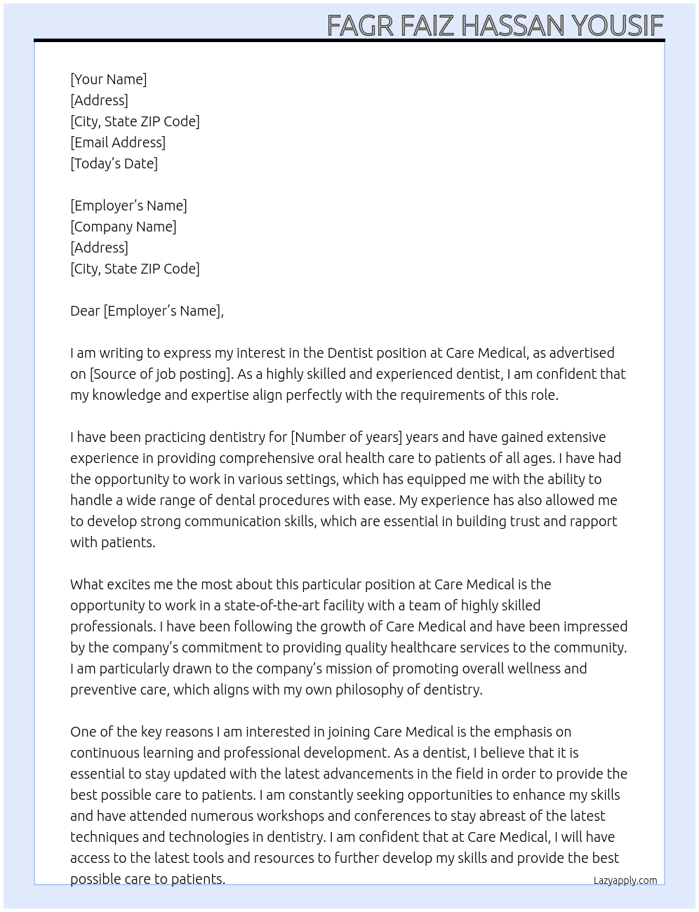 dentist At care medical Cover Letter