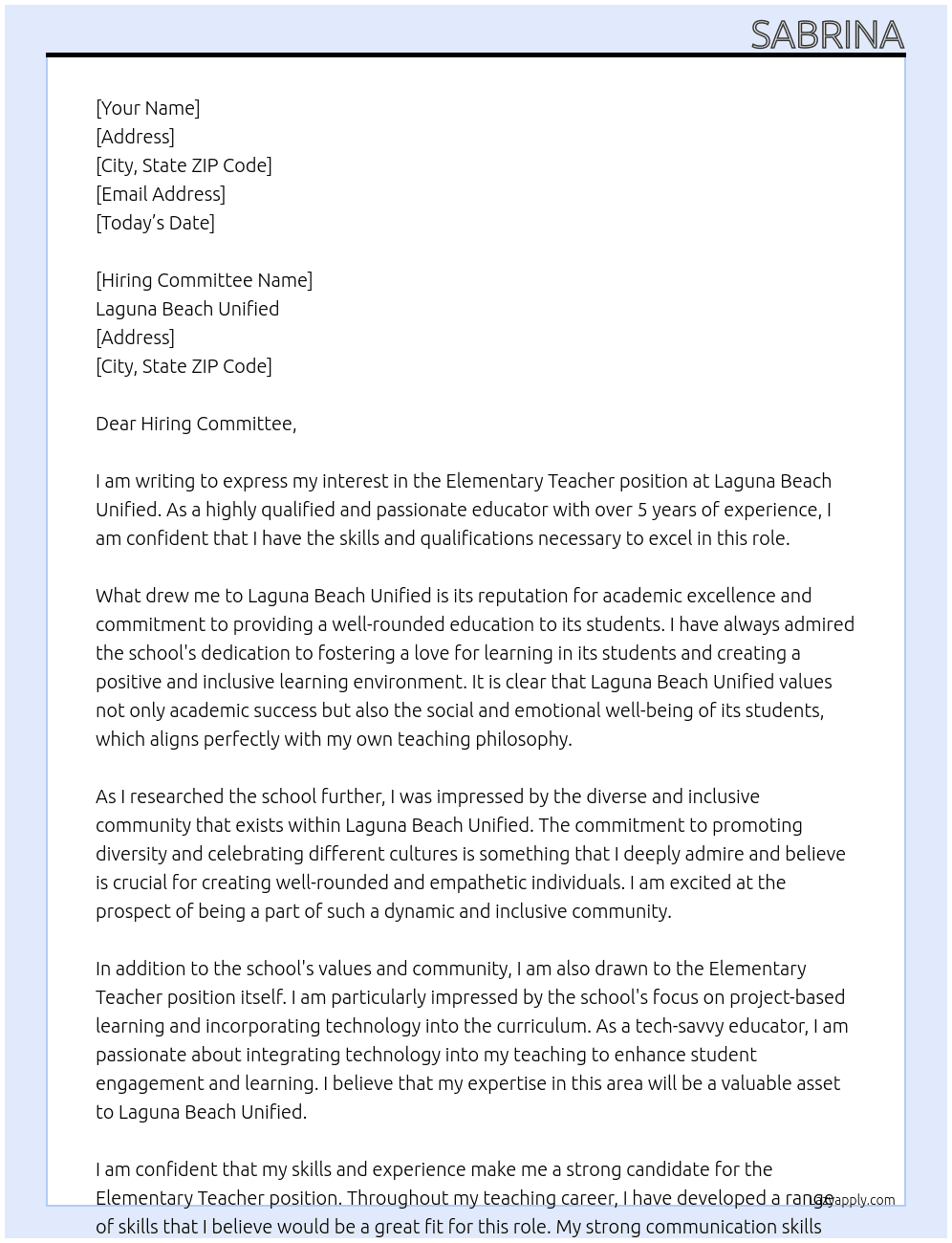 Elementary Teacher At Laguna Beach Unified Cover Letter