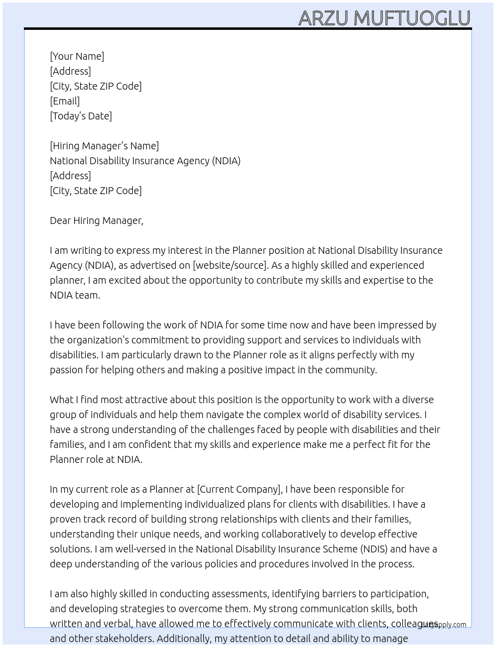 Planner  At National Disability Insurance Agency (NDIA)  Cover Letter