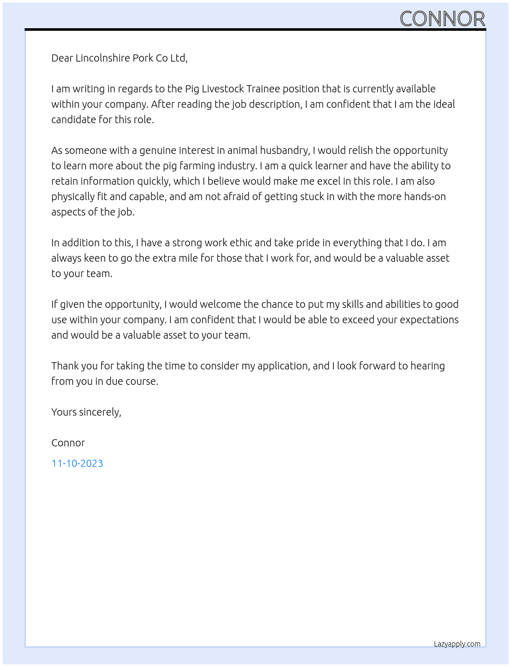 Pig Livestock Trainee At Lincolnshire Pork Co Ltd Cover Letter