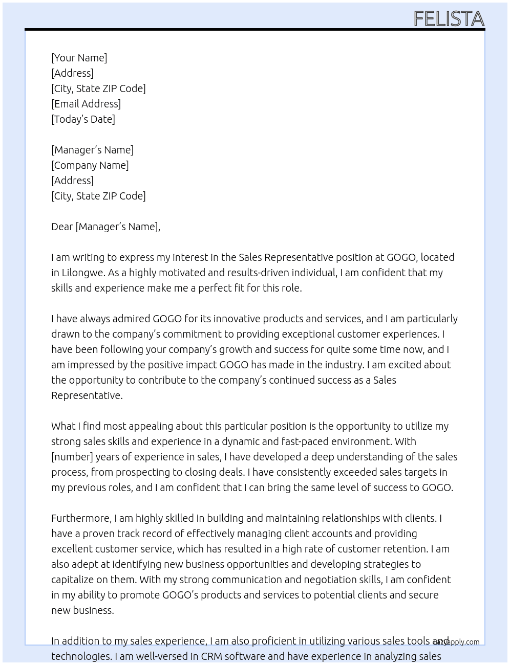 Sales Representative At GOGO Cover Letter