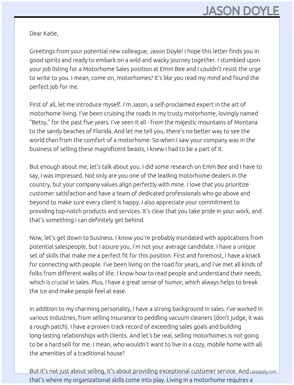 motorhome sales At Emm Bee  Cover Letter