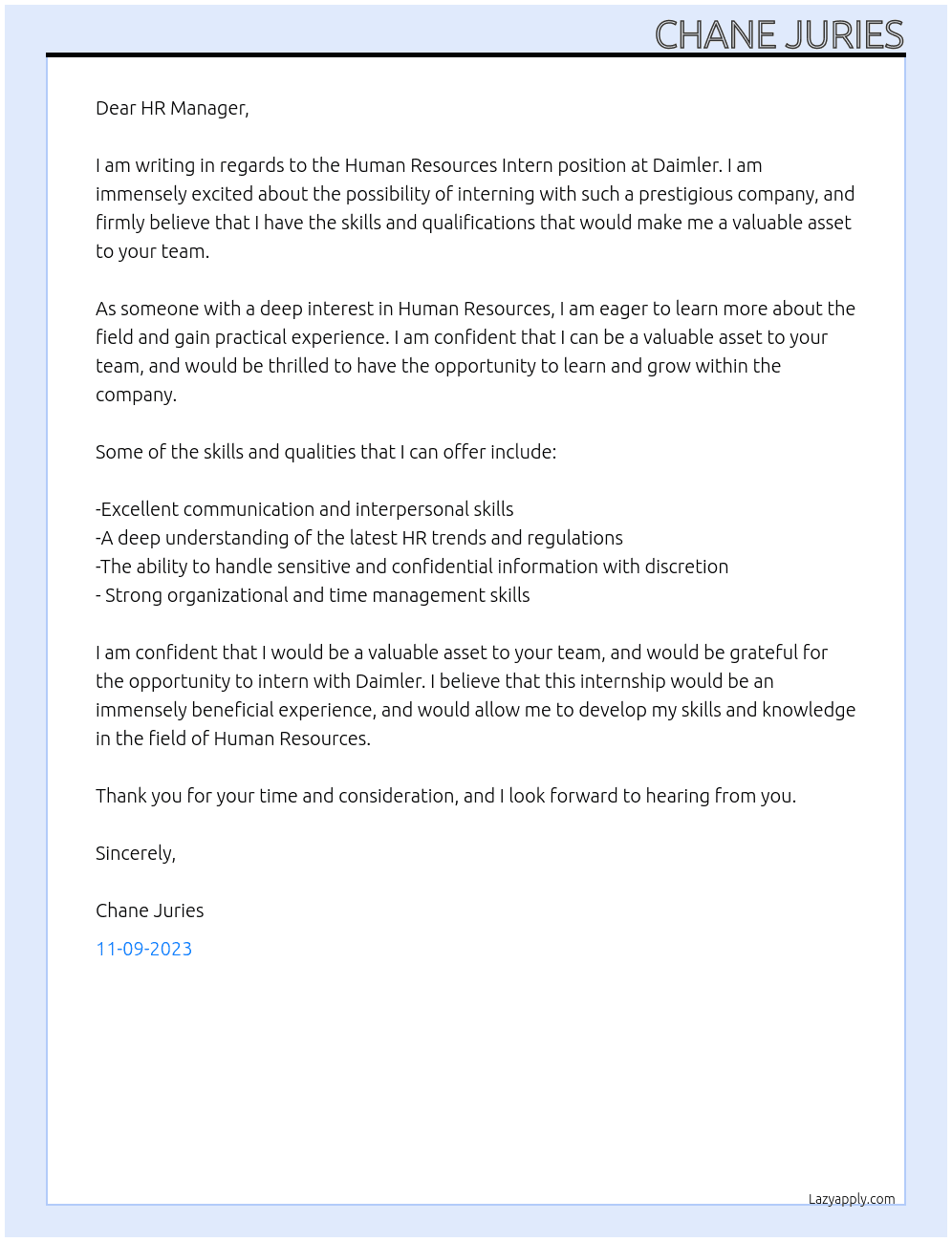 Human Resources Intern At Daimler Cover Letter