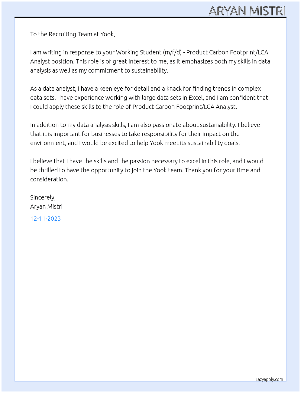 Working Student (m/f/d) - Product Carbon Footprint/LCA Analyst At Yook Cover Letter