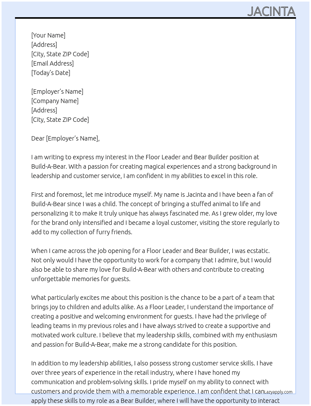 Floor Leader and Bear Builder At Build-A-Bear Cover Letter