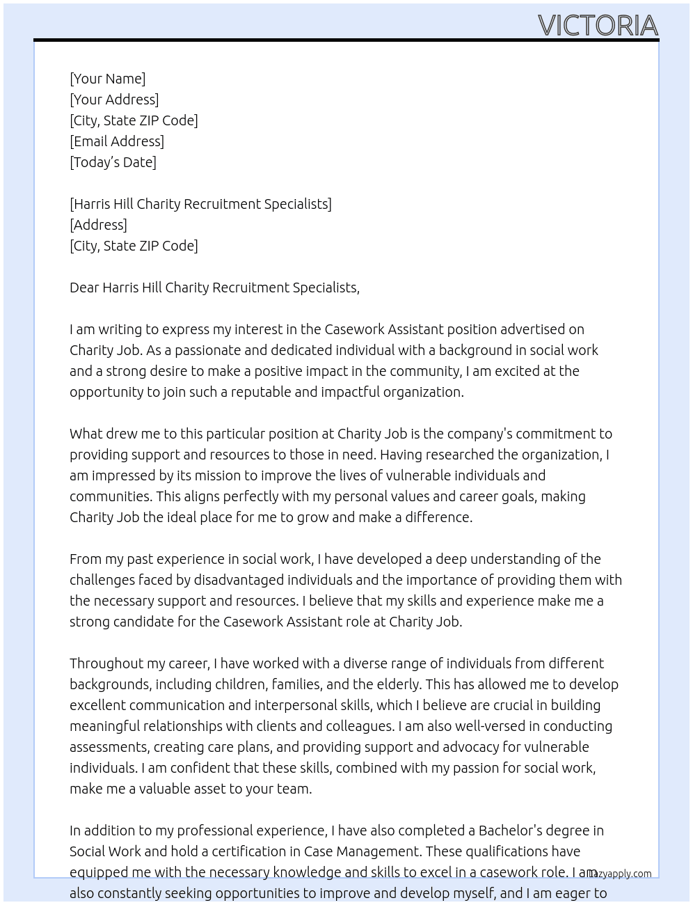 Casework Assistant At Charity Job Cover Letter
